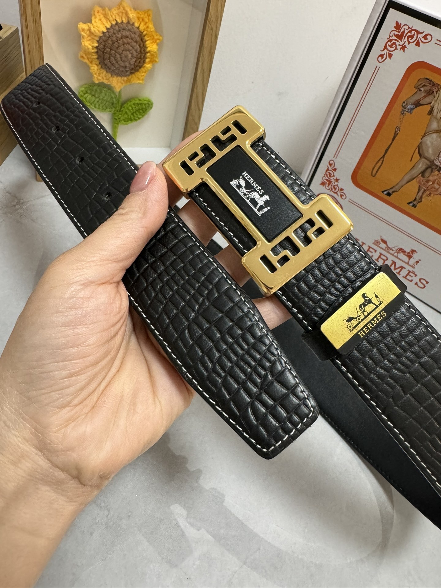 Luxury Hermes Men's Black Croco Leather Belt - Gold H Buckle