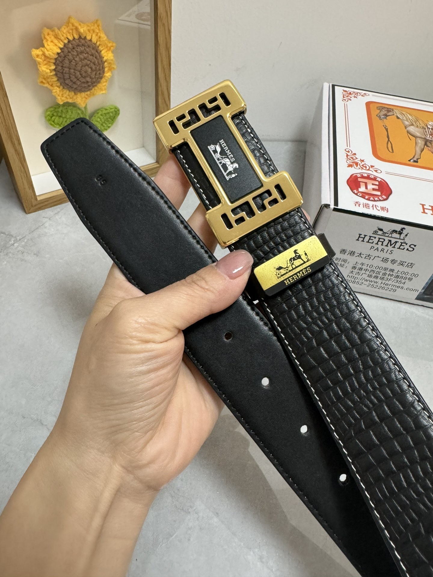 Luxury Hermes Men's Crocodile Leather Belt - Gold & Silver Buckle