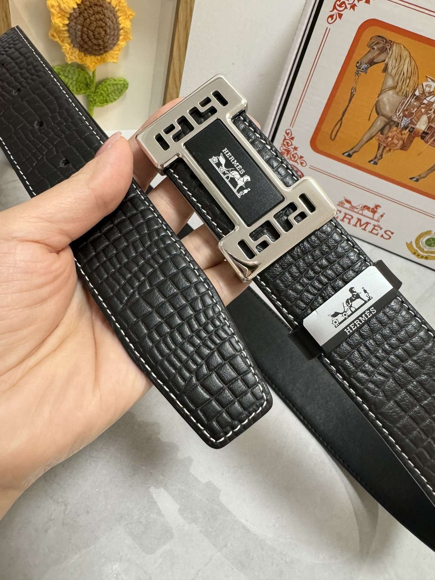 Luxury Hermes Men's Crocodile Leather Belt - Gold & Silver Buckle