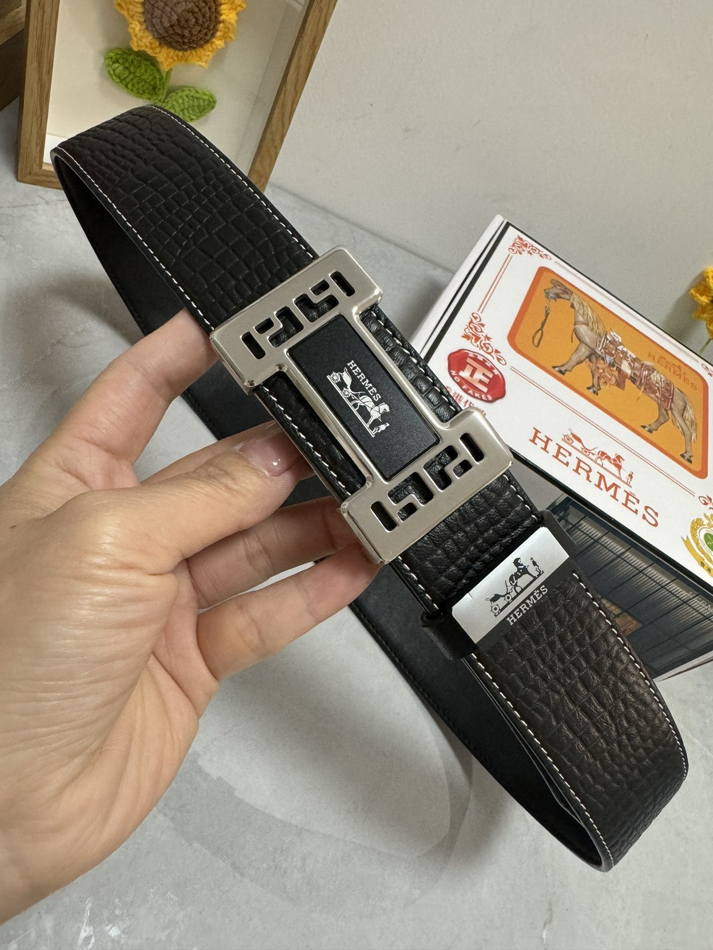 Luxury Hermes Men's Crocodile Leather Belt - Gold & Silver Buckle