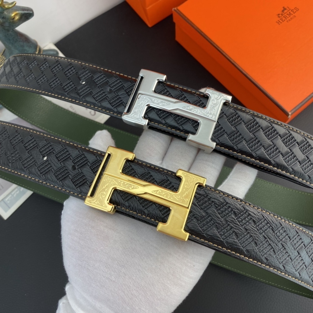 Luxury Men's Leather Belt with Engraved Silver H-Buckle - Black