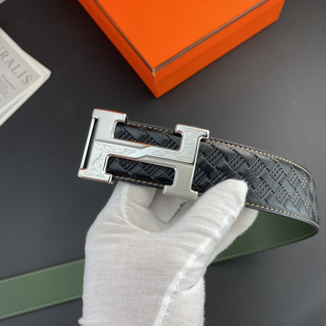 Luxury Men's Leather Belt with Engraved Silver H-Buckle - Black