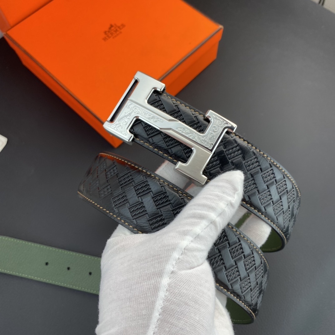 Luxury Men's Leather Belt with Engraved Silver H-Buckle - Black