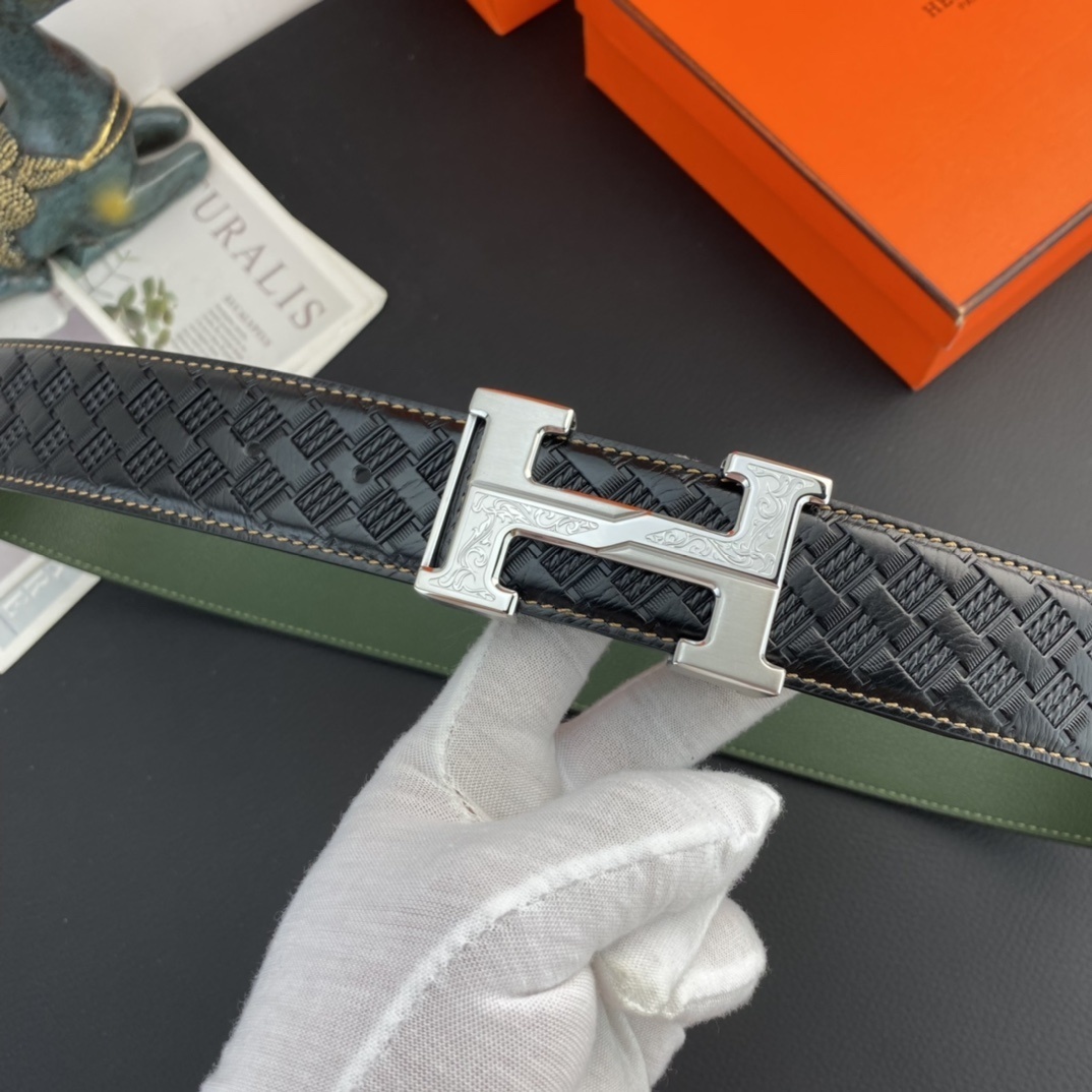 Luxury Men’s Leather Belt with Engraved Silver H-Buckle – Black