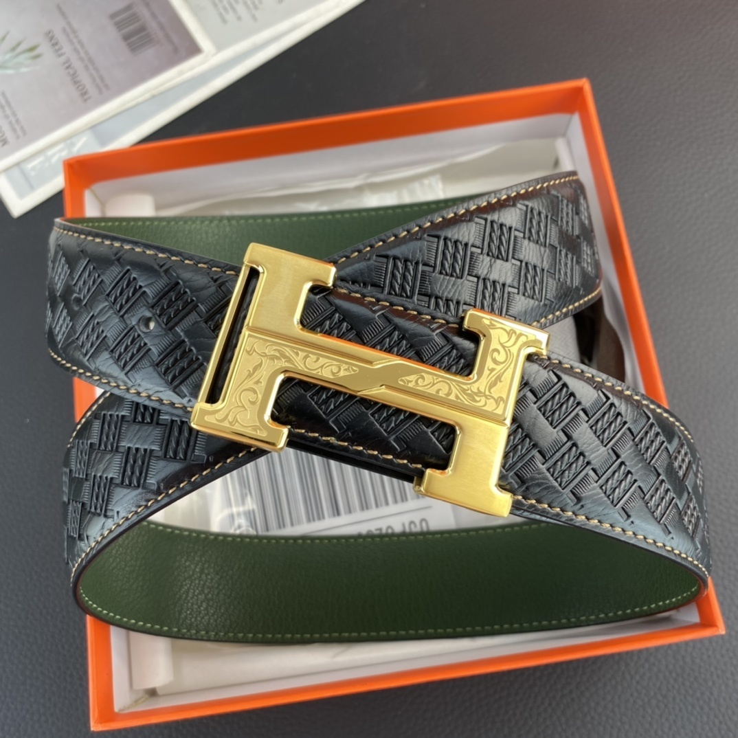 Premium Engraved Gold H Buckle Leather Belt - Black & Green Reversible