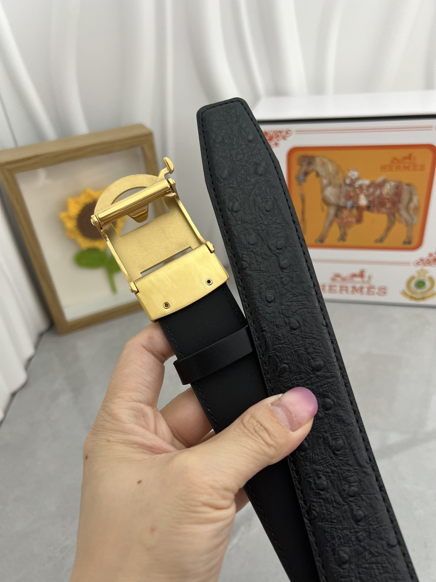 Hermes Men's Black Ostrich Leather Belt with Luxury Gold Buckle