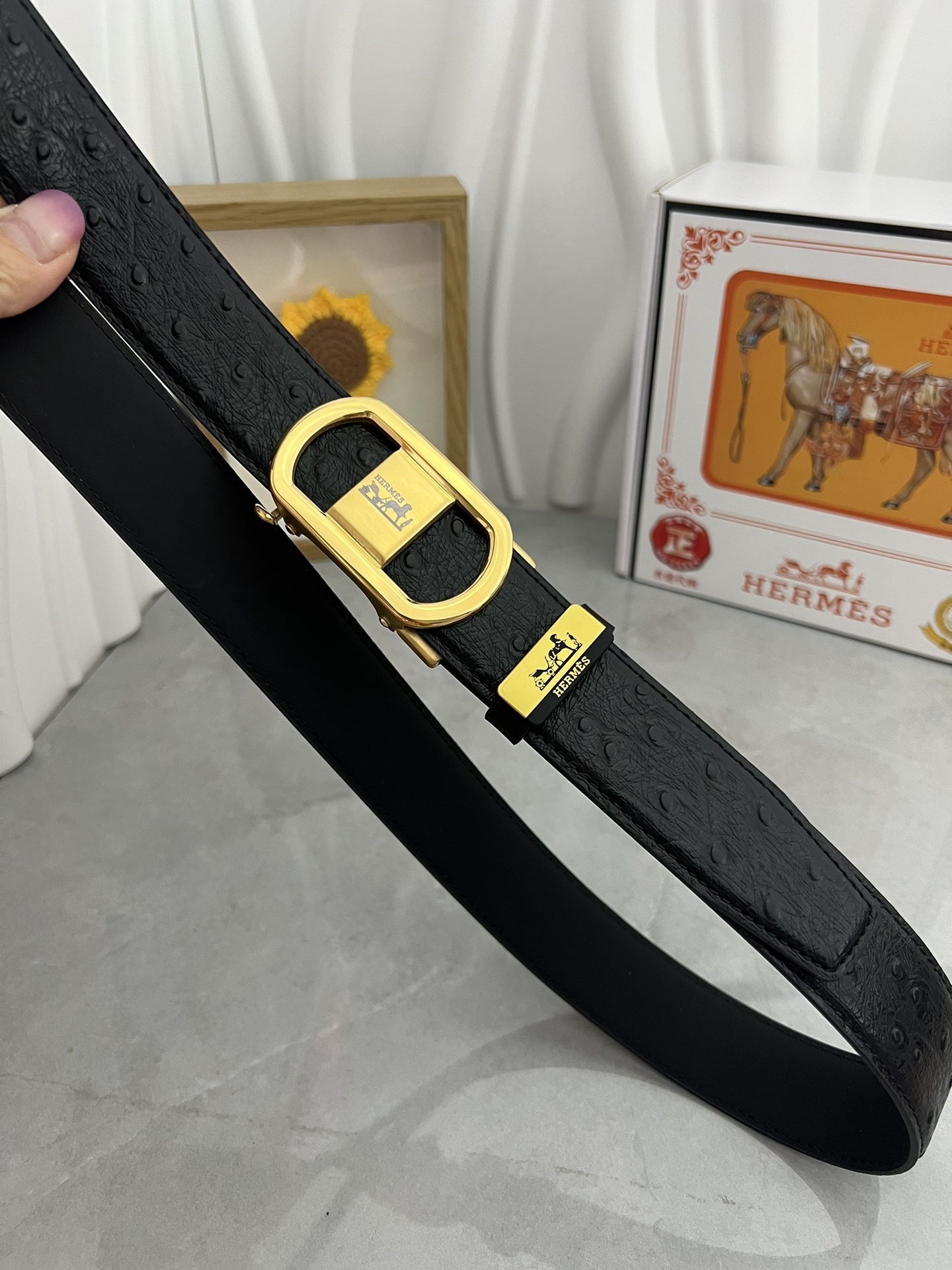 Hermes Men's Black Ostrich Leather Belt with Luxury Gold Buckle