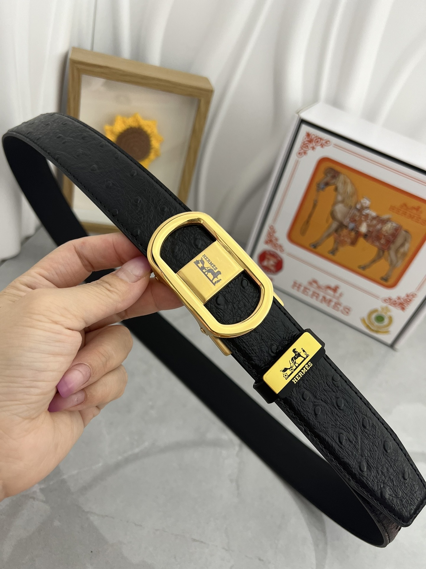 Hermes Men's Black Ostrich Leather Belt with Luxury Gold Buckle