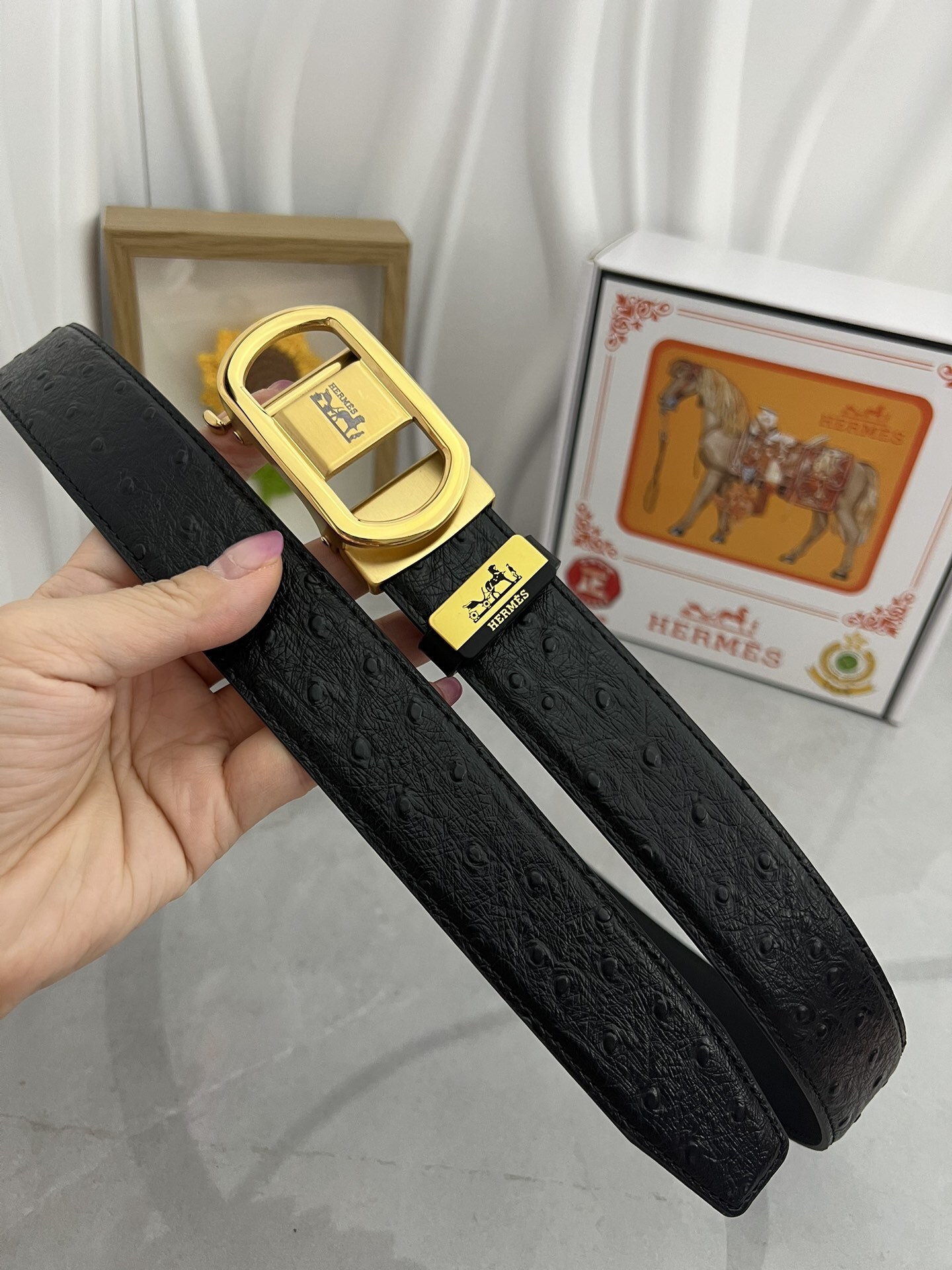 Hermes Men's Black Ostrich Leather Belt with Luxury Gold Buckle