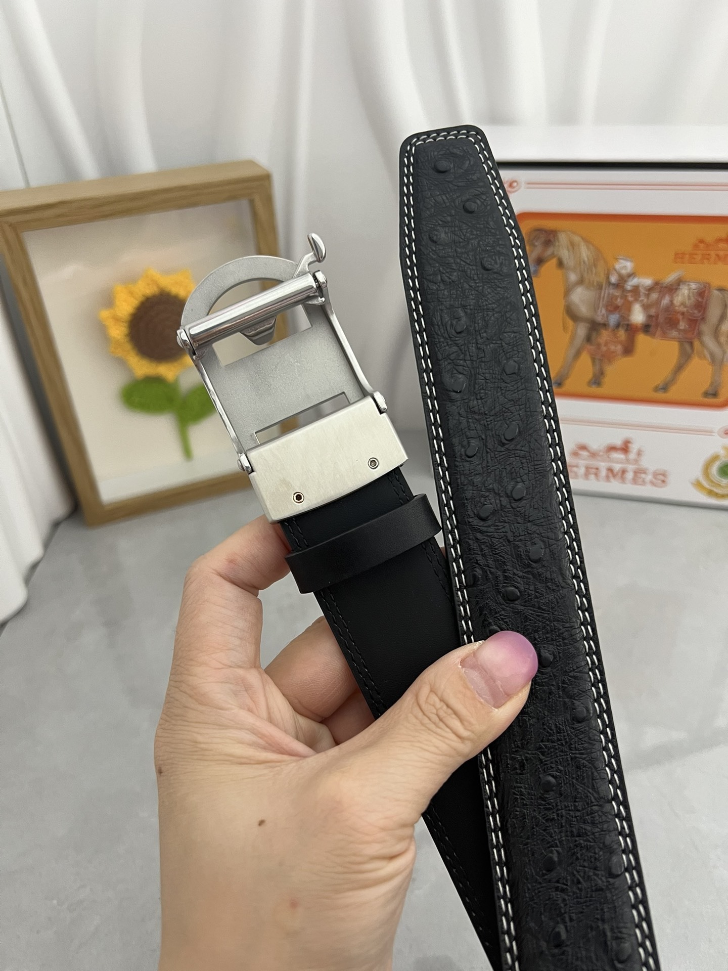 Luxury Hermes Men's Black Ostrich Leather Belt with Automatic Buckle