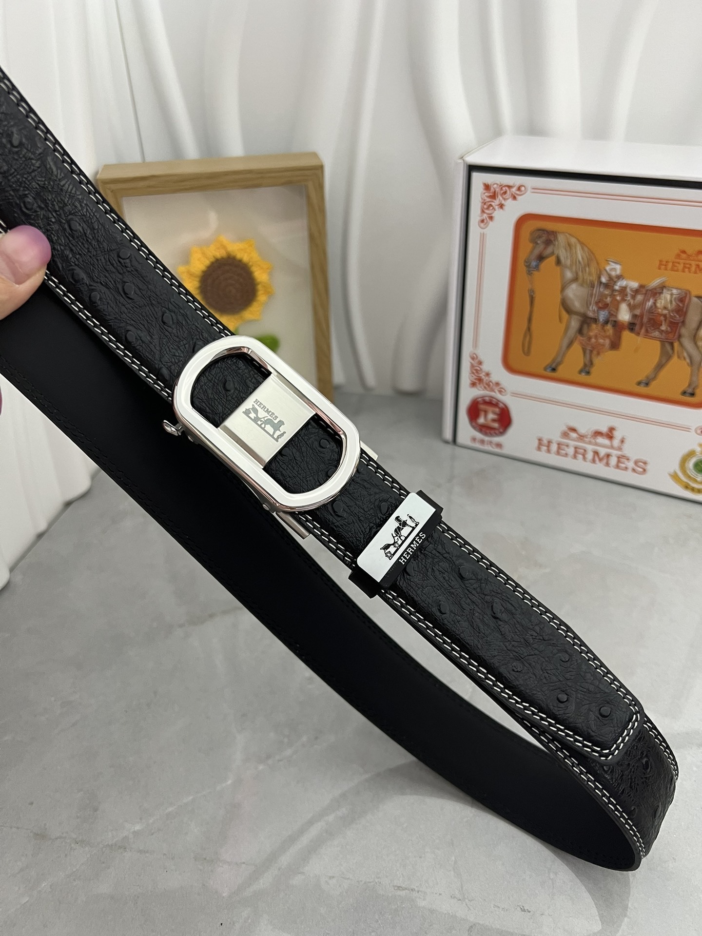 Luxury Hermes Men's Black Ostrich Leather Belt with Automatic Buckle
