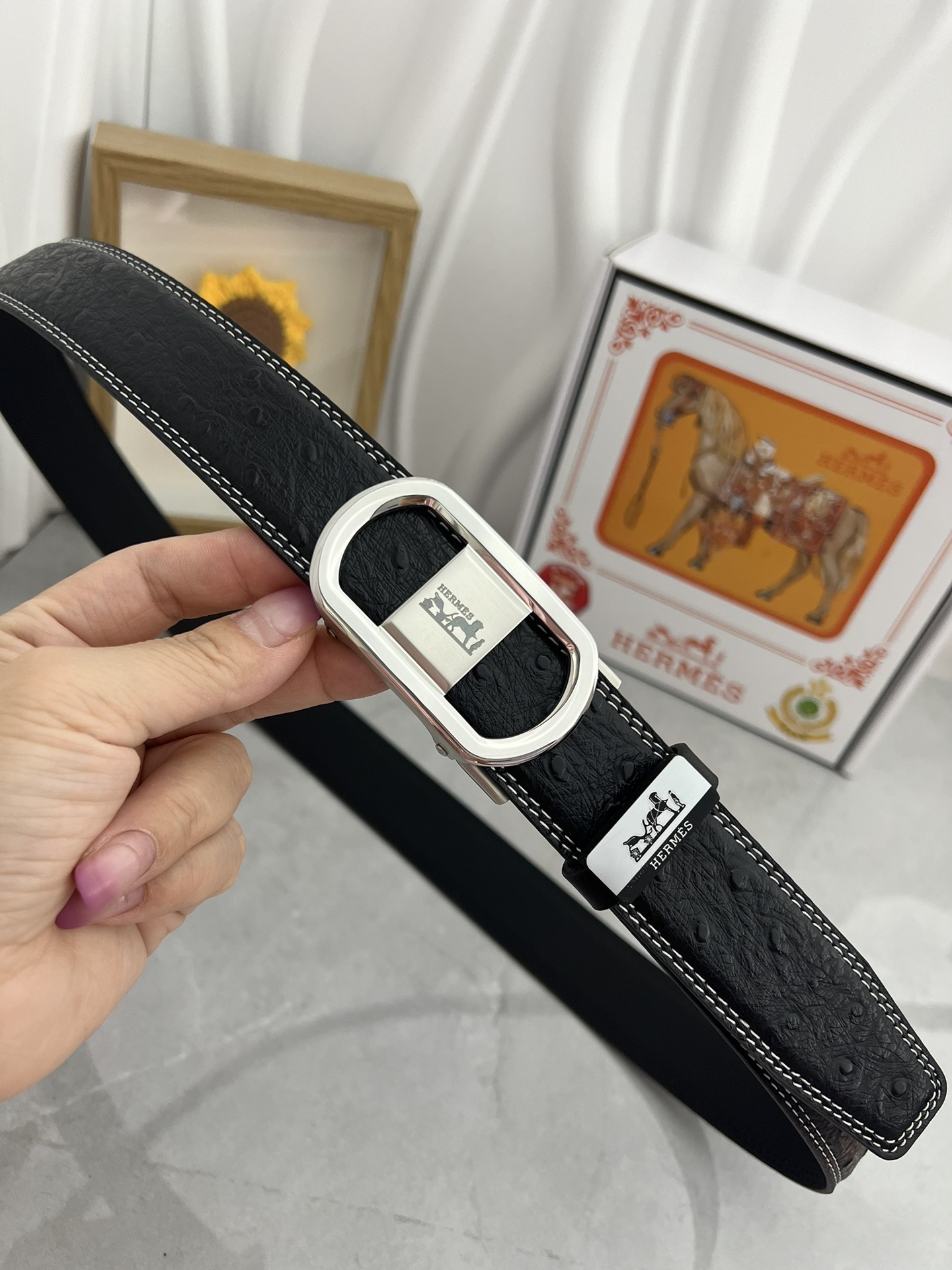 Luxury Hermes Men's Black Ostrich Leather Belt with Automatic Buckle