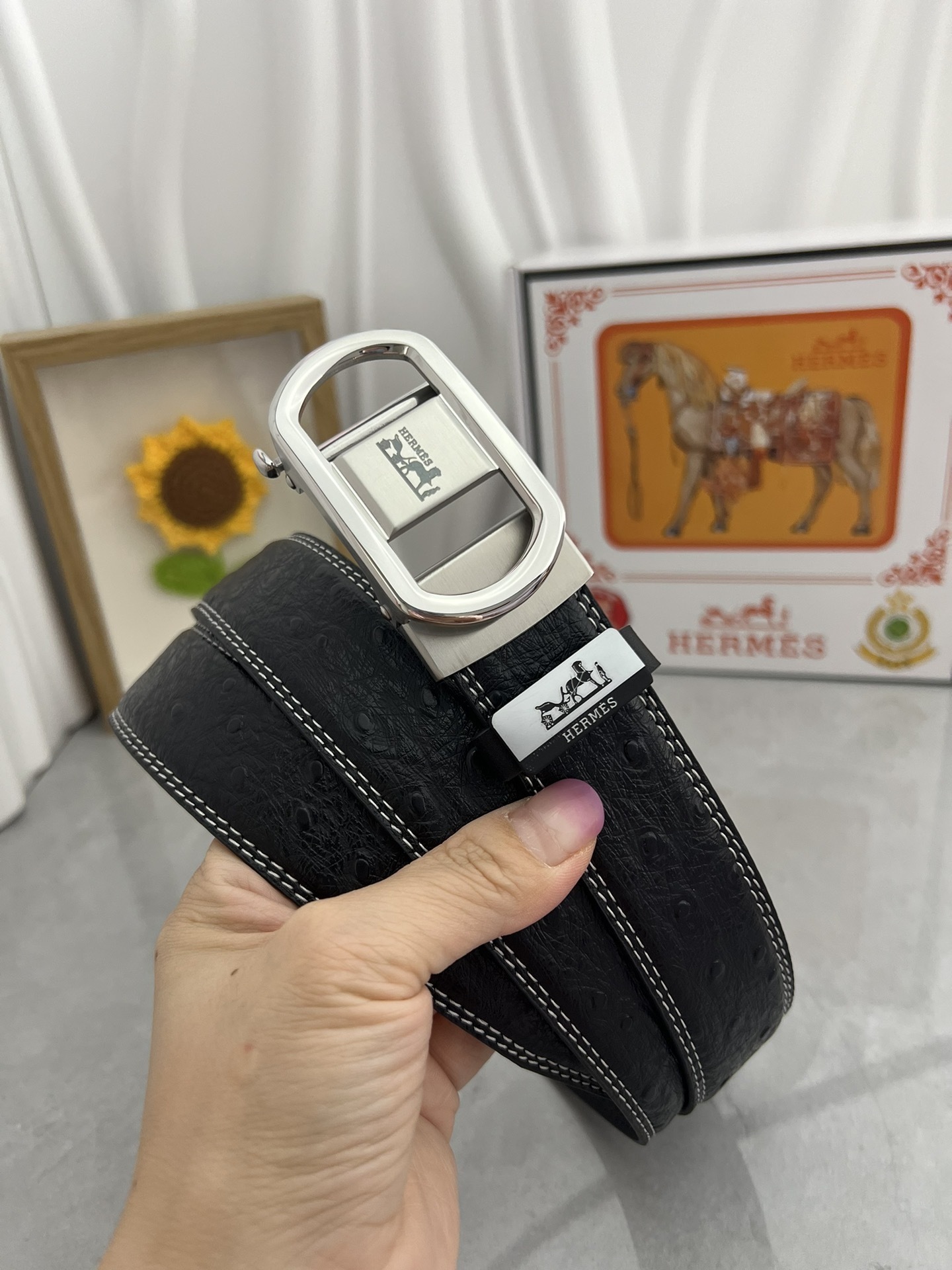 Luxury Hermes Men’s Black Ostrich Leather Belt with Automatic Buckle