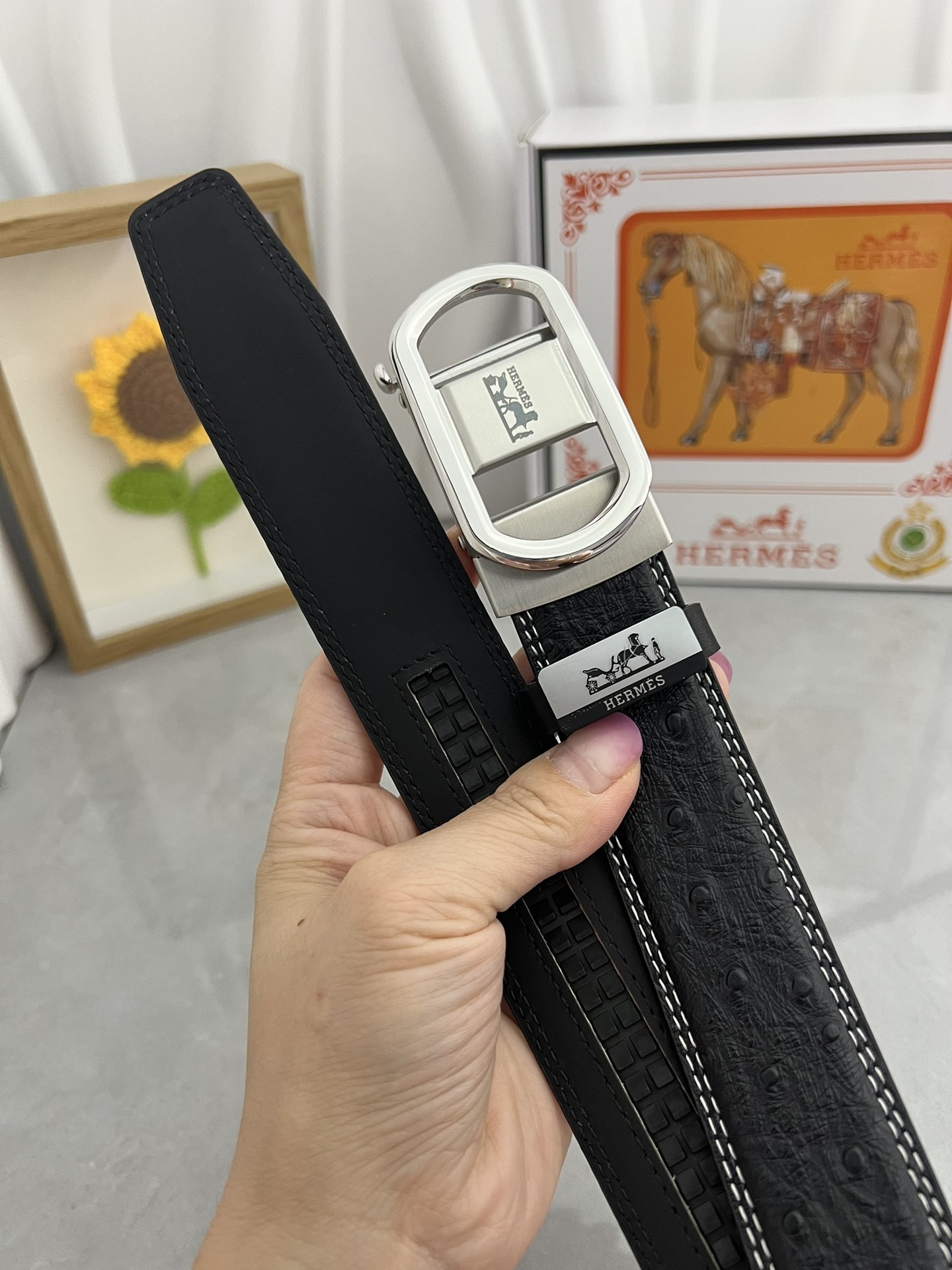 Luxury Hermes Men's Black Ostrich Leather Belt - Automatic Buckle