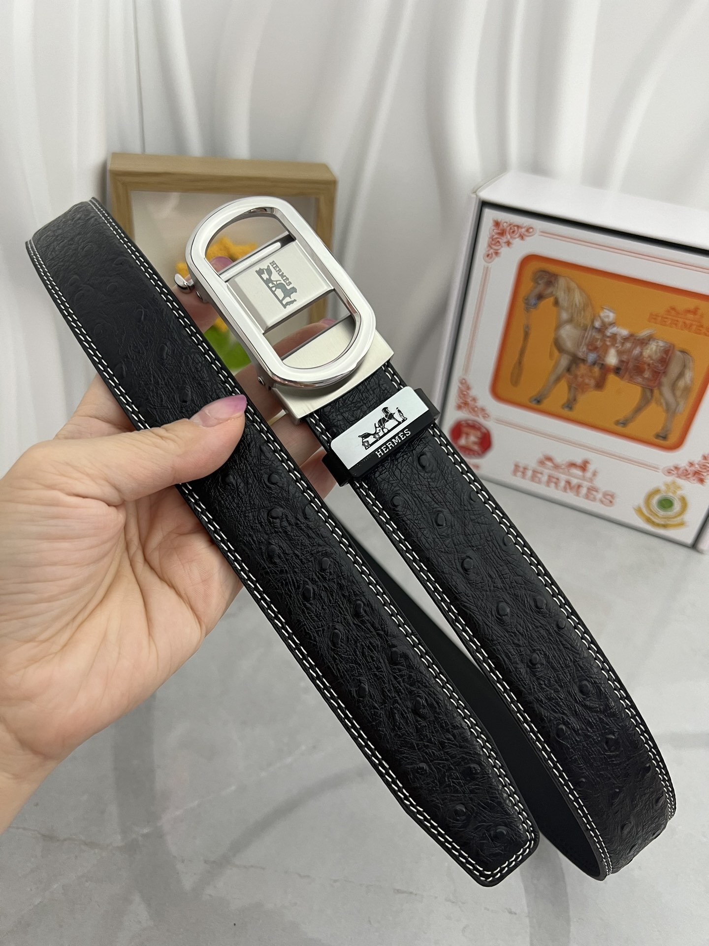 Luxury Hermes Men's Black Ostrich Leather Belt - Automatic Buckle