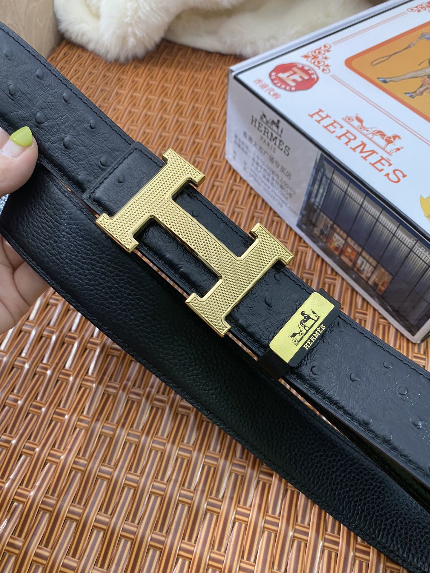 Luxury Men's Black Ostrich Leather Belt with Gold H Buckle