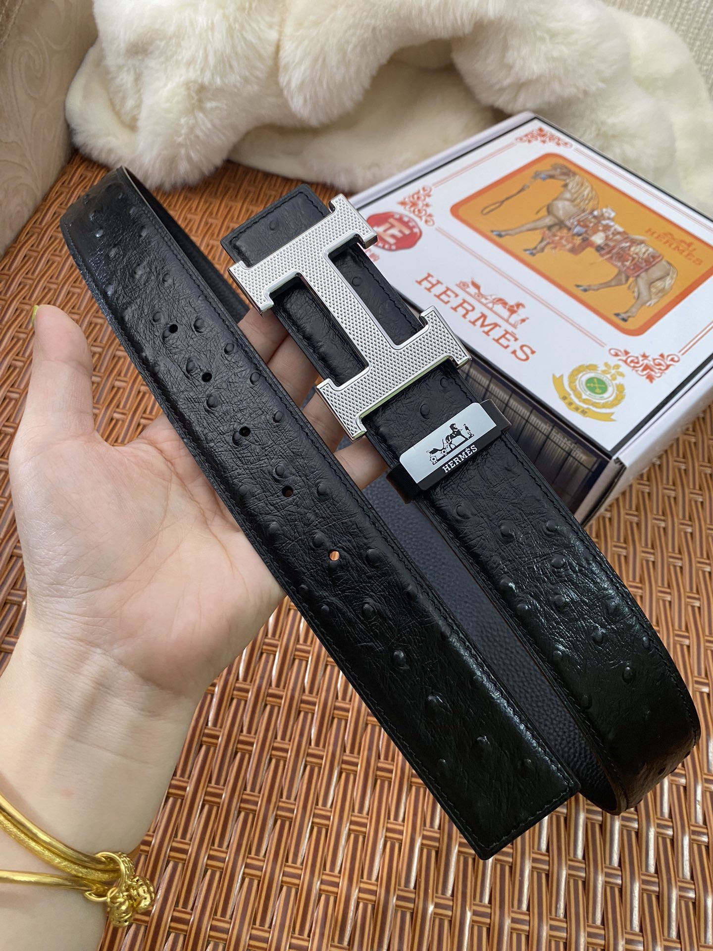 Luxury Hermes Black Ostrich Leather Belt with Silver H Buckle