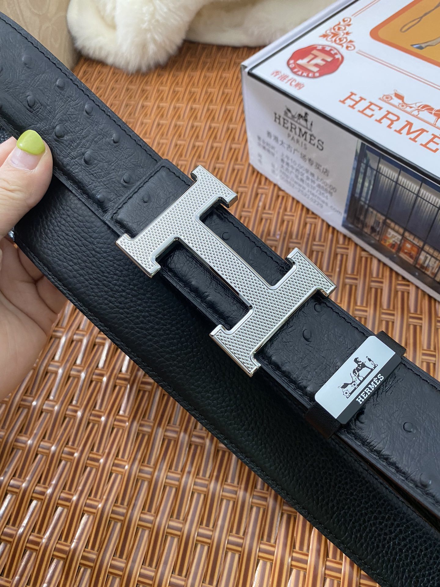 Luxury Hermes Black Ostrich Leather Belt with Silver H Buckle