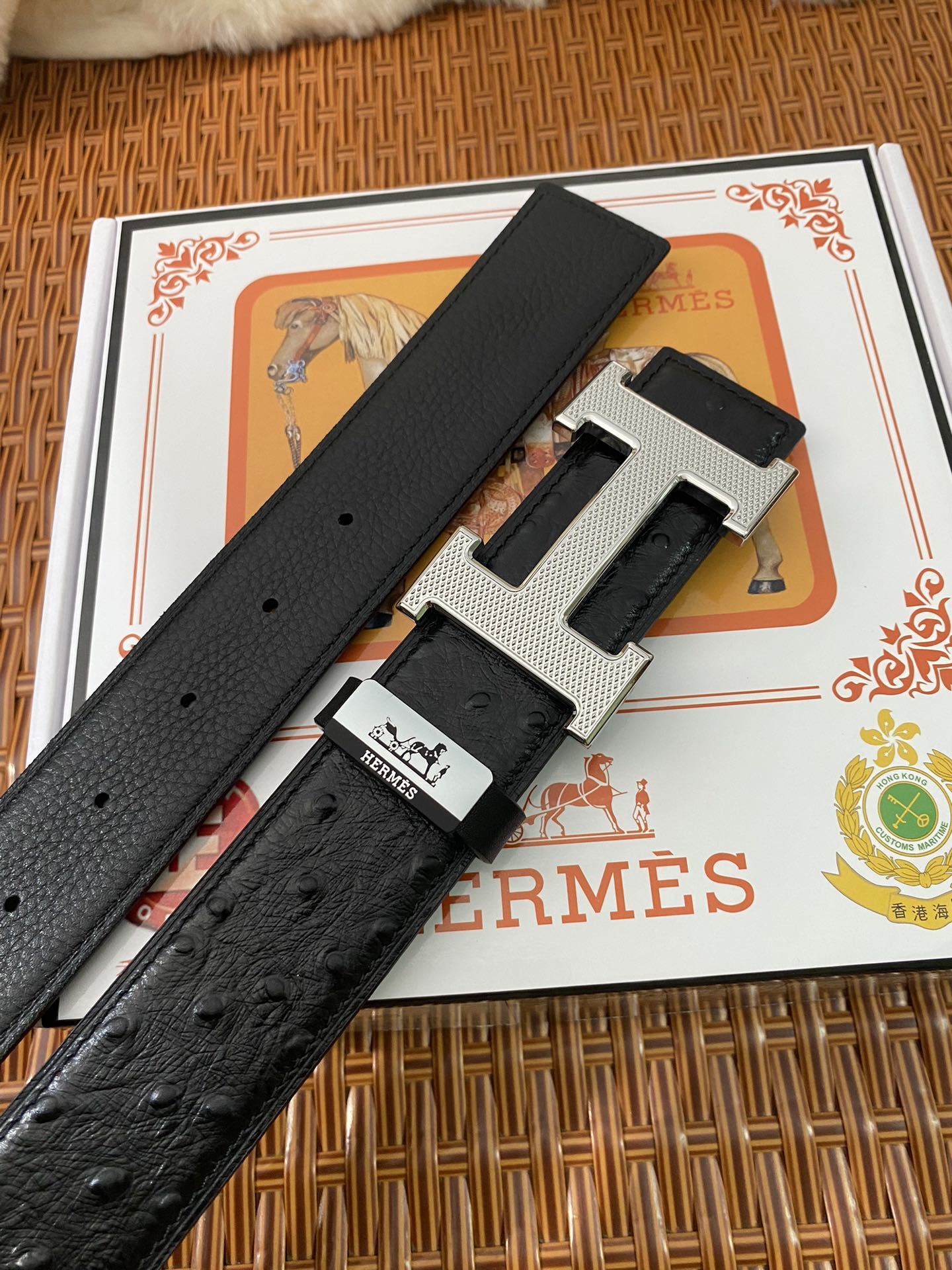 Luxury Men's H Buckle Leather Belt Set - Premium Ostrich Texture