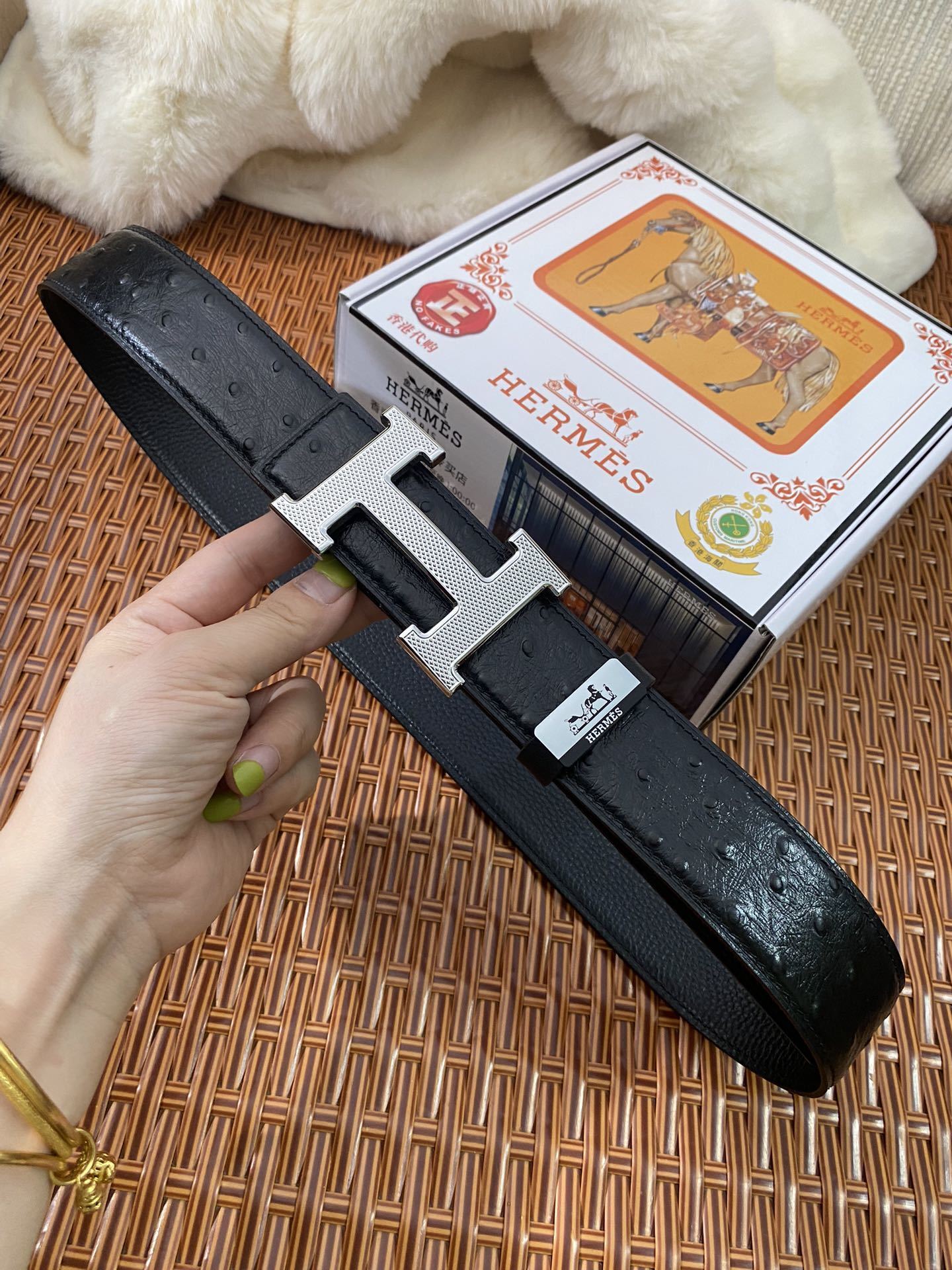 Luxury Men's H Buckle Leather Belt Set - Premium Ostrich Texture