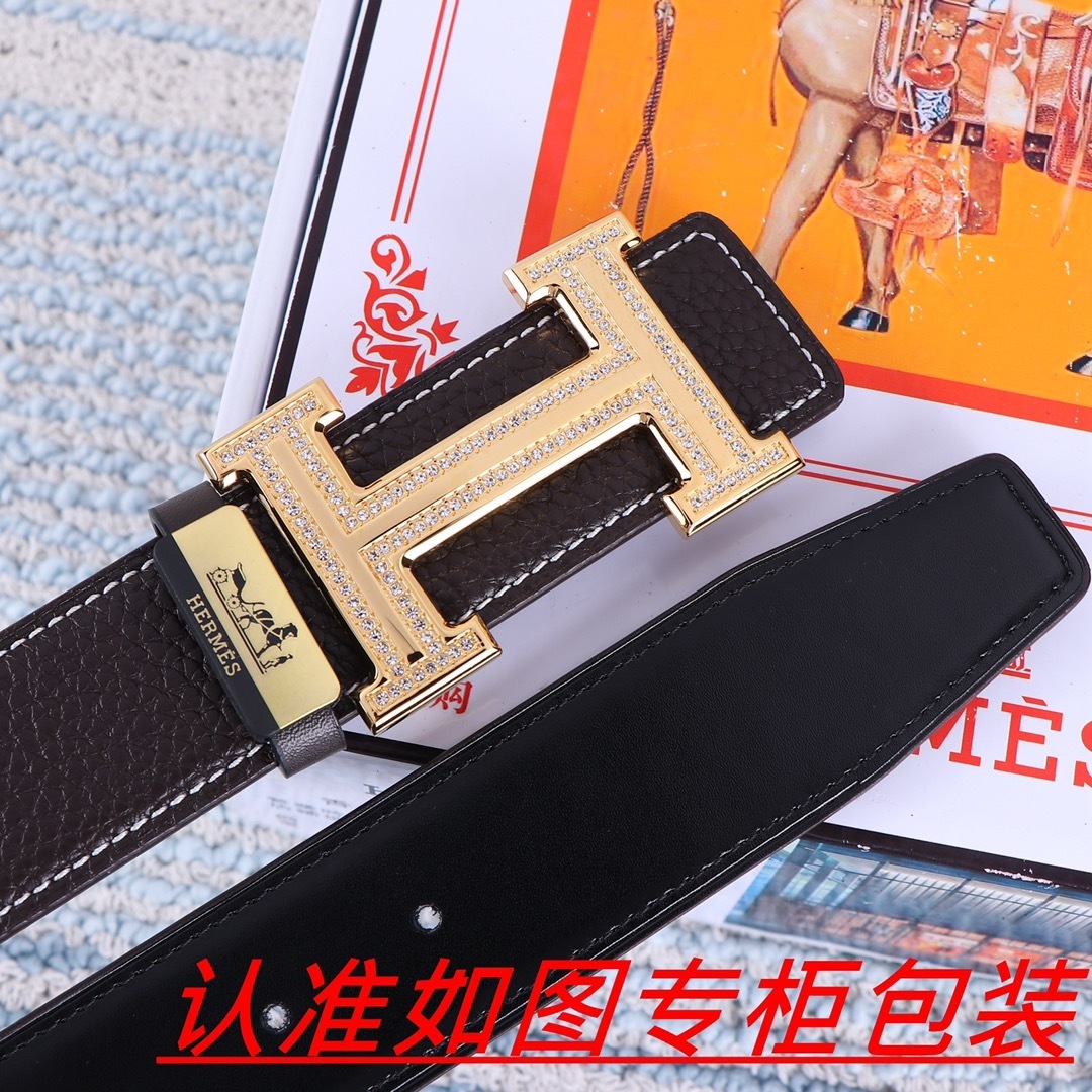 Premium Men's Leather Belt with Crystal Gold H Buckle - Brown
