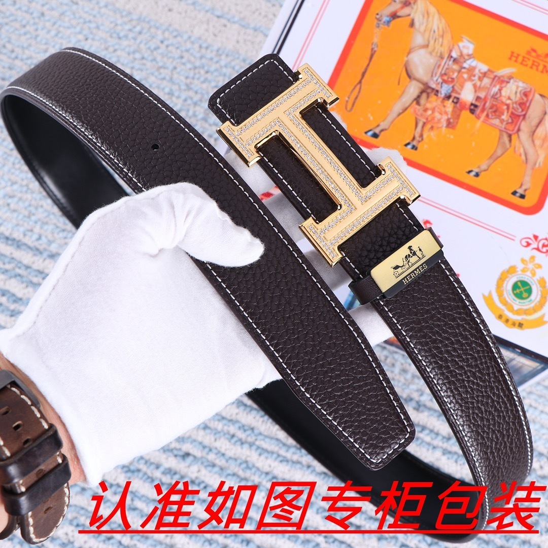 Premium Men's Leather Belt with Crystal Gold H Buckle - Brown