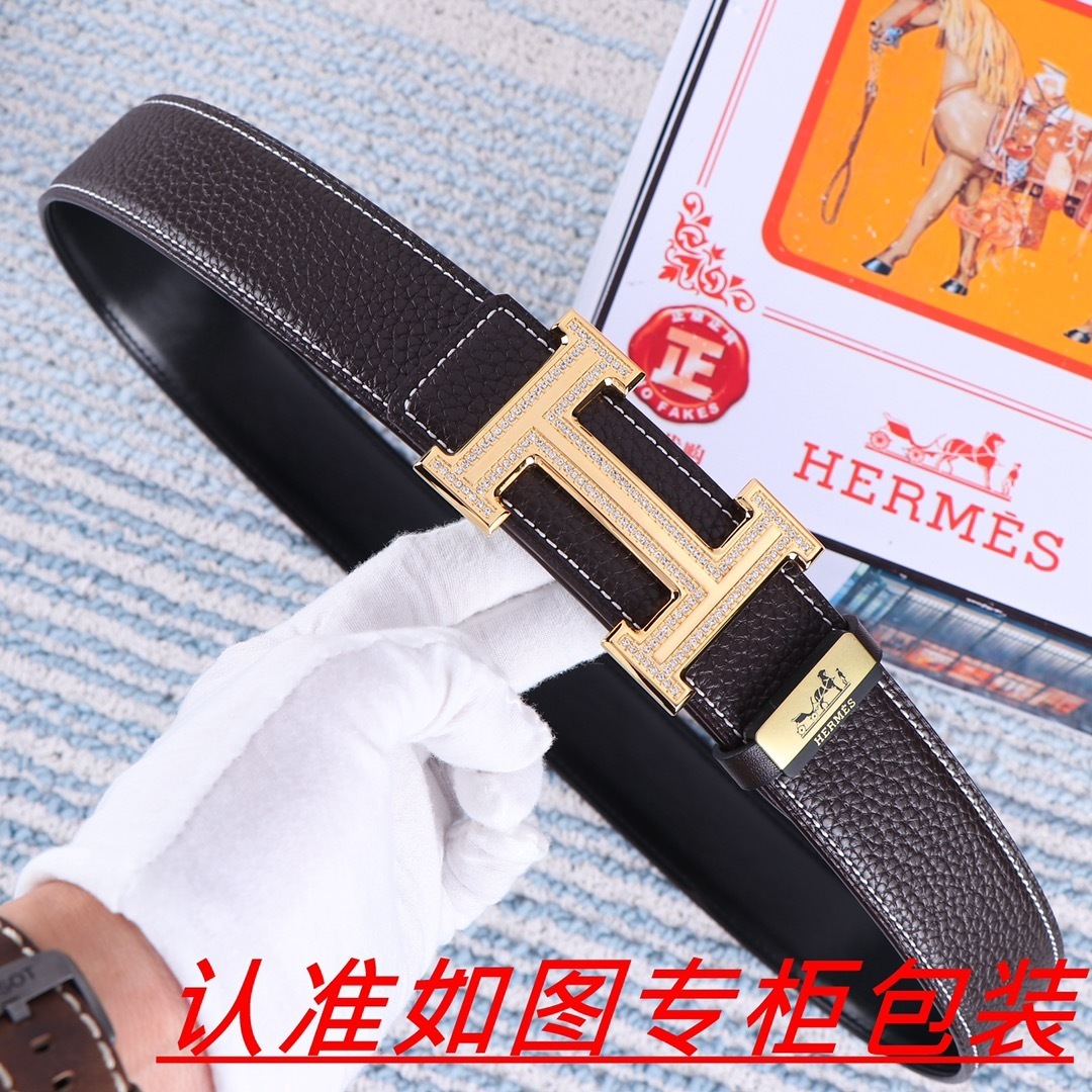 Premium Men's Leather Belt with Crystal Gold H Buckle - Brown