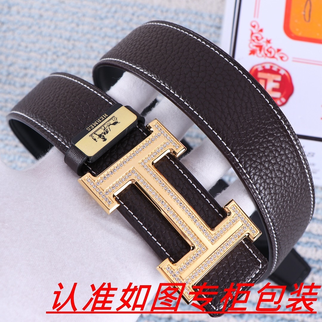 Premium Men's Leather Belt with Crystal Gold H Buckle - Brown