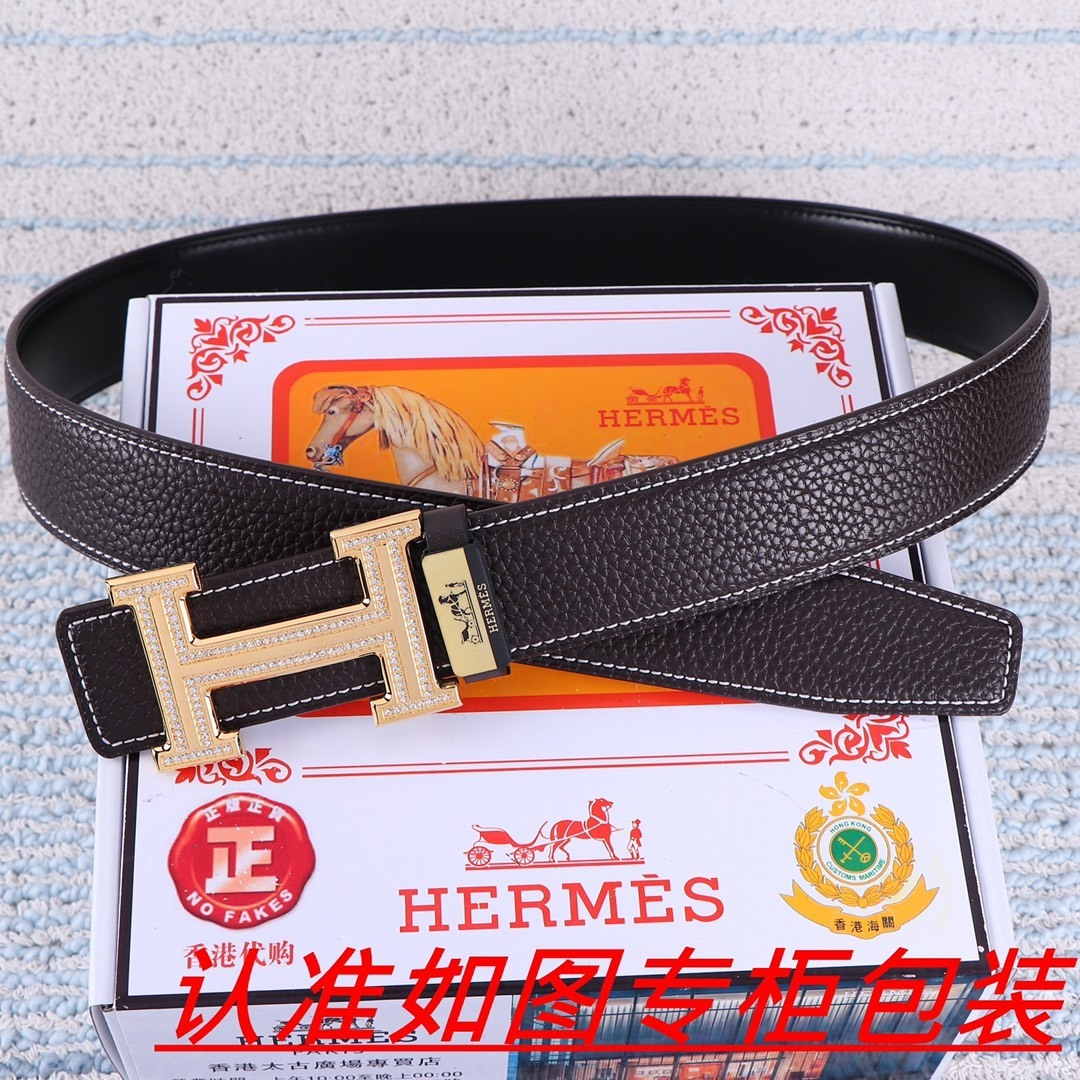 Premium Men's Leather Belt with Crystal Gold H Buckle - Brown