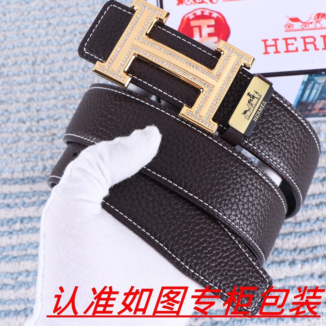 Premium Men’s Leather Belt with Crystal Gold H Buckle – Brown