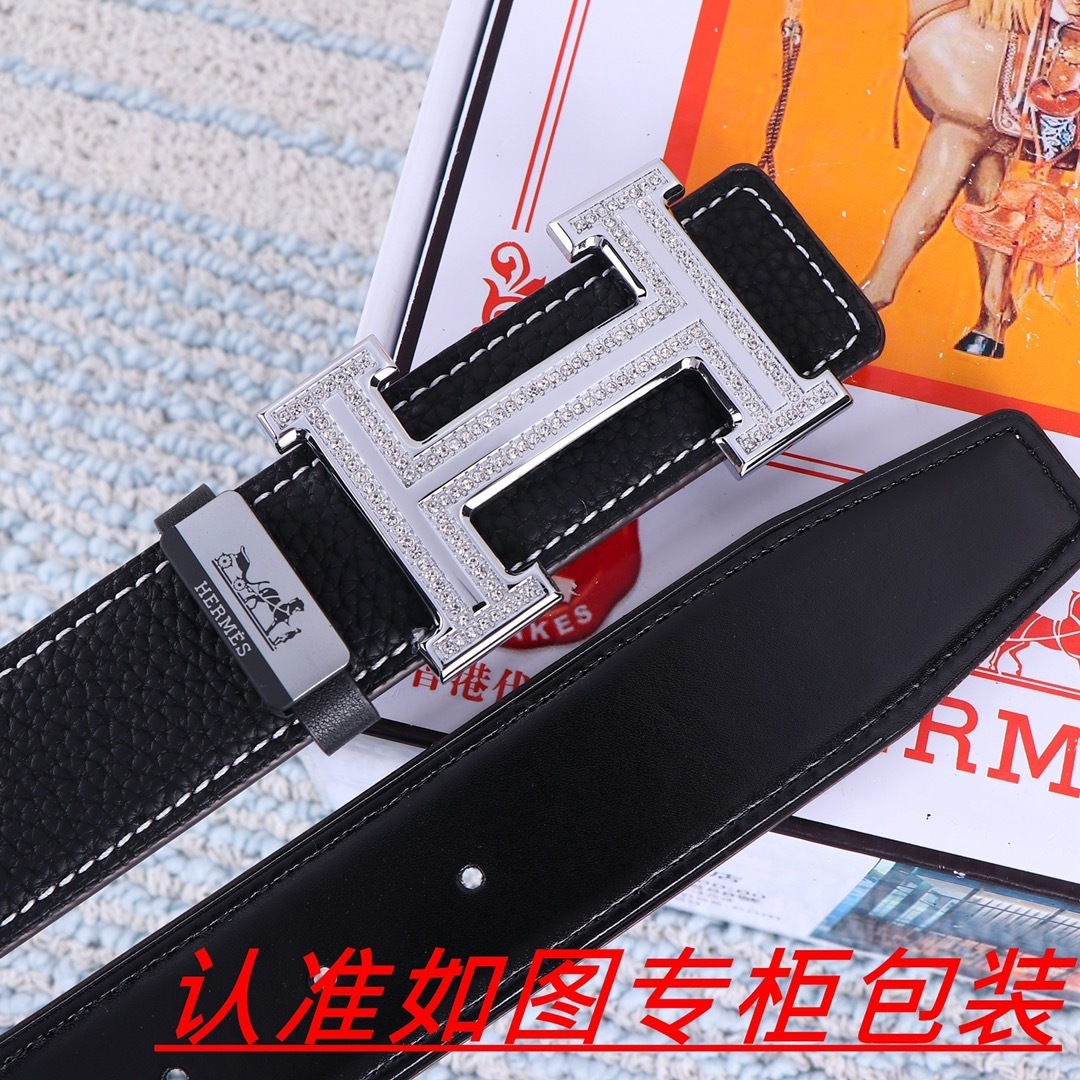 Luxury Hermès H Buckle Belt - Black Pebbled Leather with Crystals