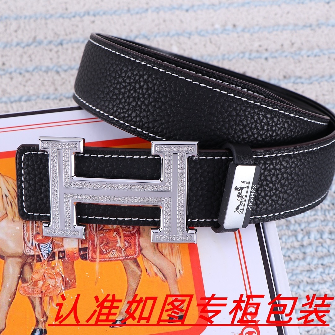 Luxury Hermès H Buckle Belt - Black Pebbled Leather with Crystals