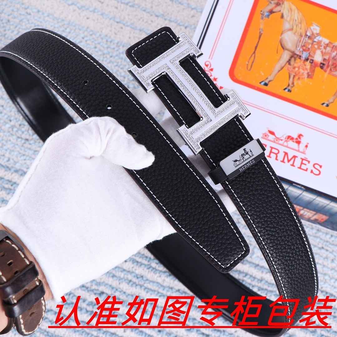 Luxury Hermès H Buckle Belt - Black Pebbled Leather with Crystals