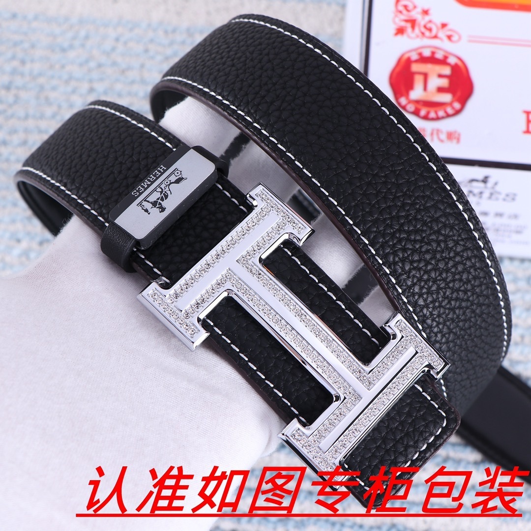 Luxury Hermès H Buckle Belt - Black Pebbled Leather with Crystals
