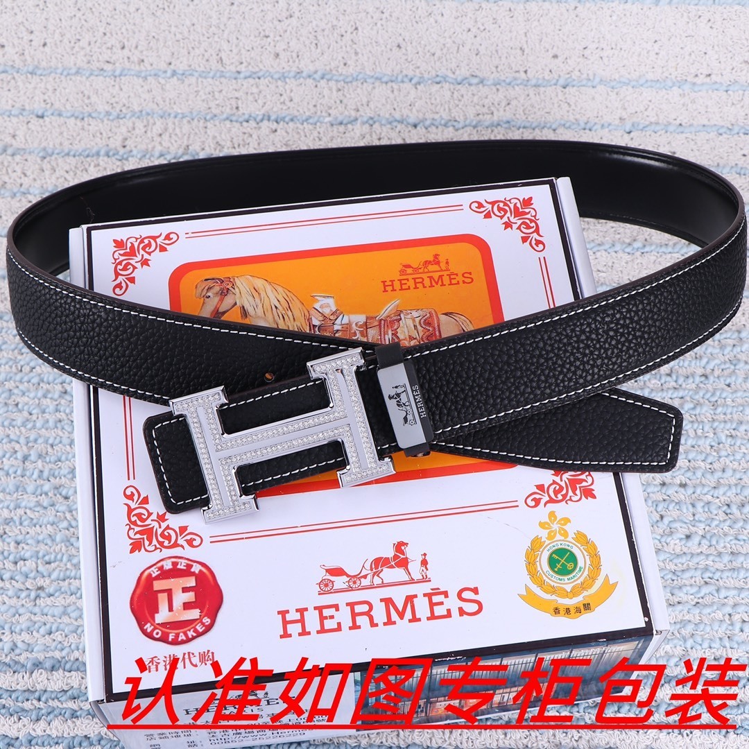 Luxury Hermès H Buckle Belt - Black Pebbled Leather with Crystals