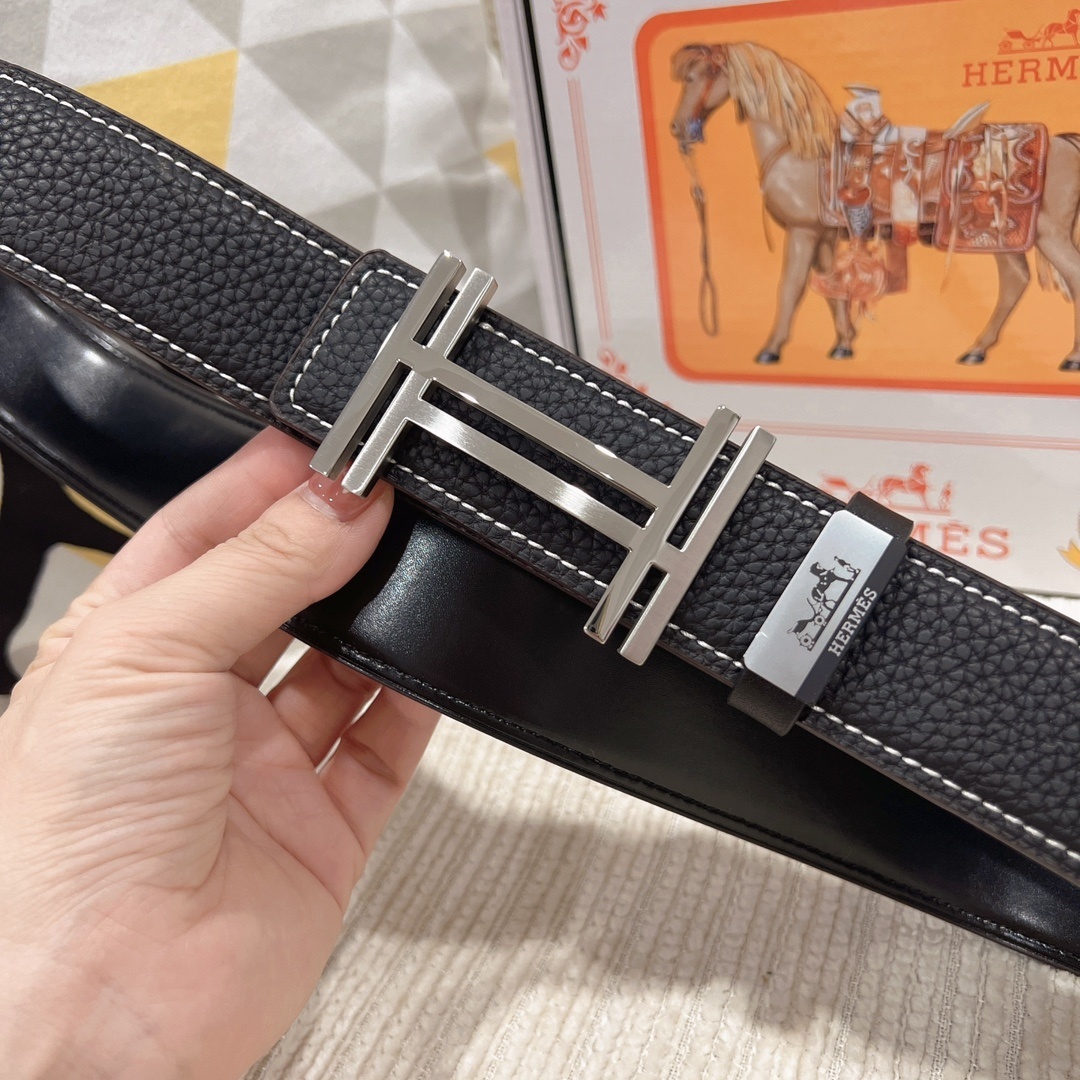 Luxury Men's Black Leather Belt with Iconic Silver H-Buckle