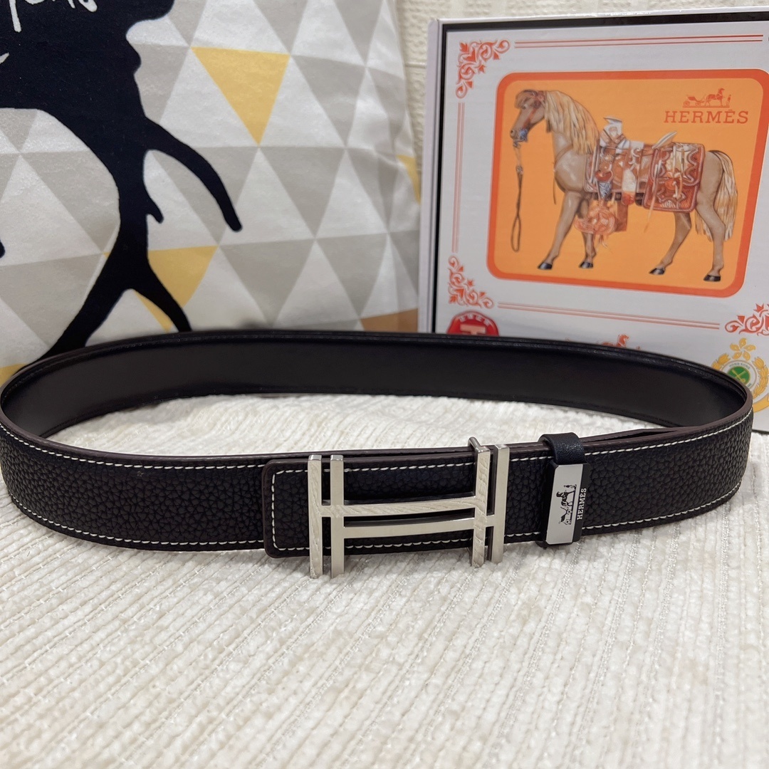 Luxury Men's Black Leather Belt with Iconic Silver H-Buckle