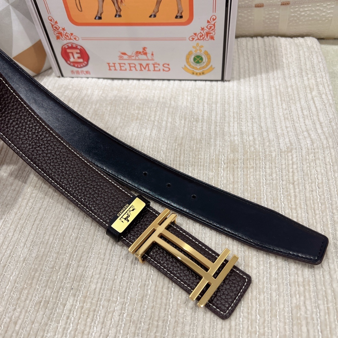 Hermes Men's Luxury Brown Leather Belt with Gold H Buckle