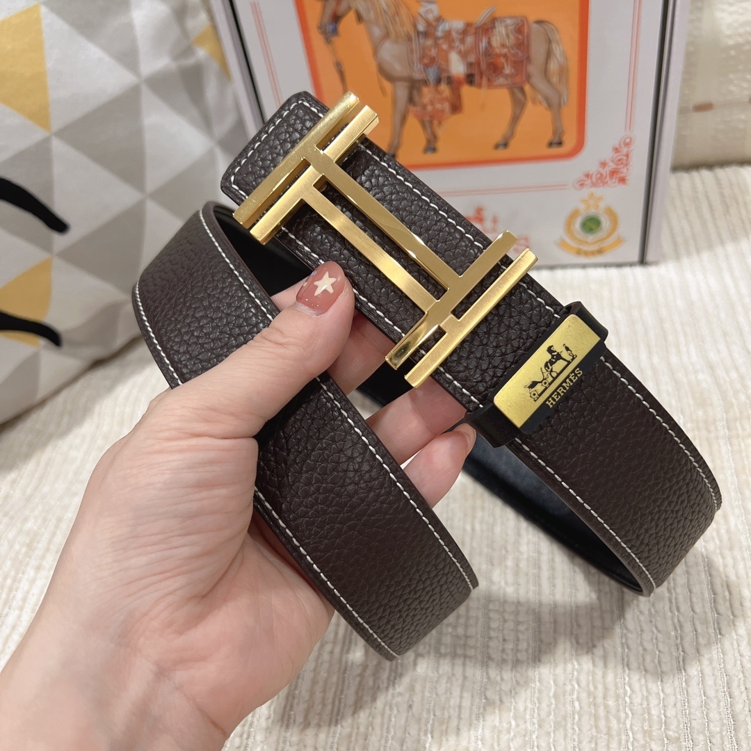 Hermes Men's Luxury Brown Leather Belt with Gold H Buckle