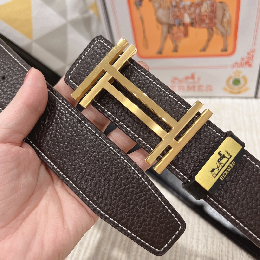 Hermes Men's Luxury Brown Leather Belt with Gold H Buckle