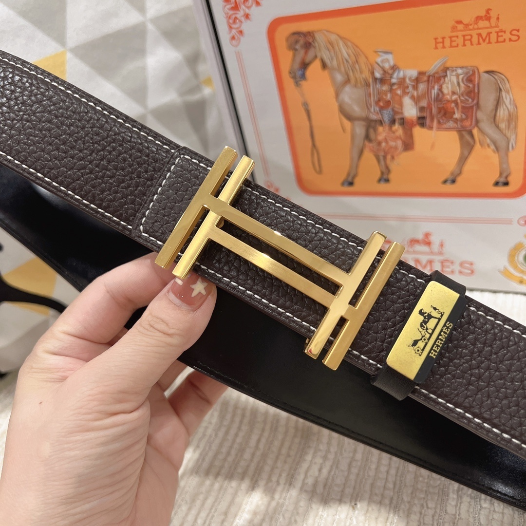 Hermes Men's Luxury Brown Leather Belt with Gold H Buckle