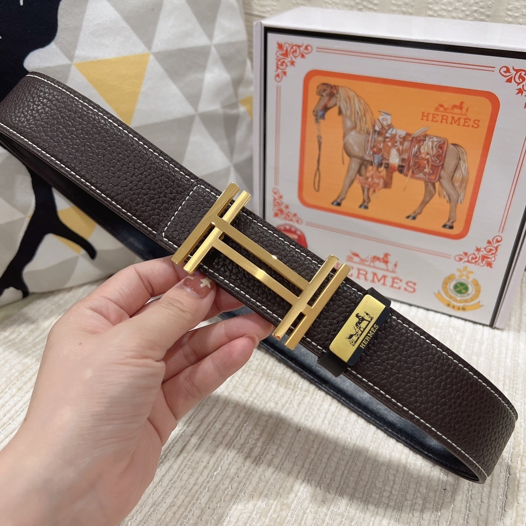 Hermes Men's Luxury Brown Leather Belt with Gold H Buckle