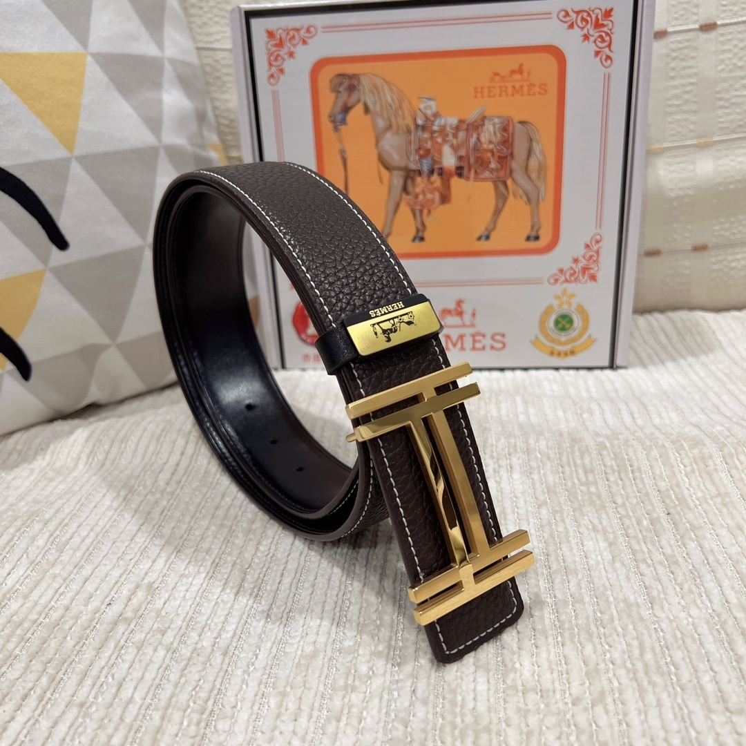 Hermes Men’s Luxury Brown Leather Belt with Gold H Buckle