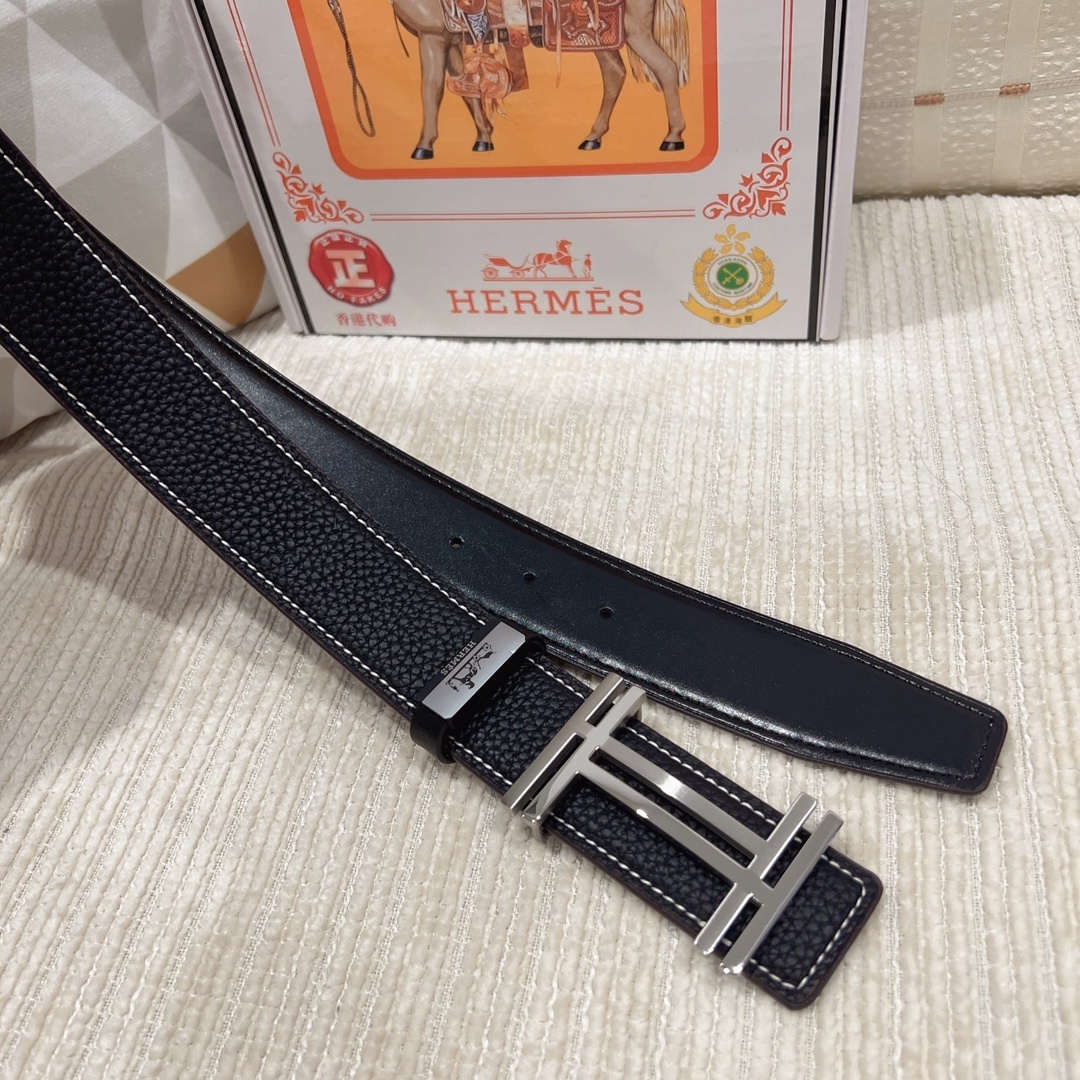 Luxury Hermes Men's Togo Leather Belt with Gold & Silver H Buckle