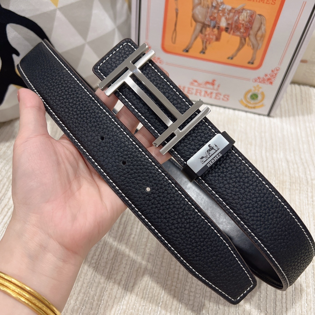 Luxury Hermes Men's Togo Leather Belt with Gold & Silver H Buckle