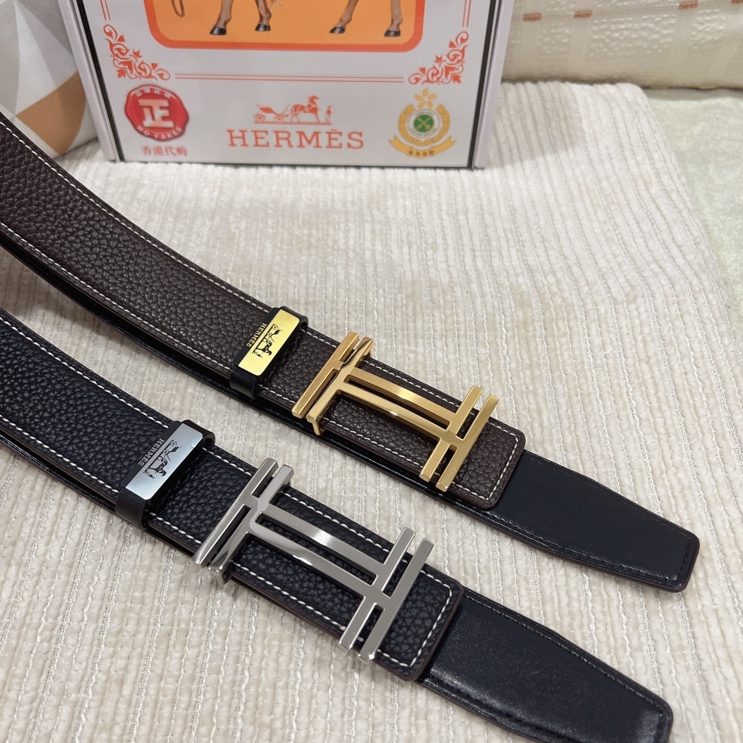 Luxury Hermes Men’s Togo Leather Belt with Gold & Silver H Buckle