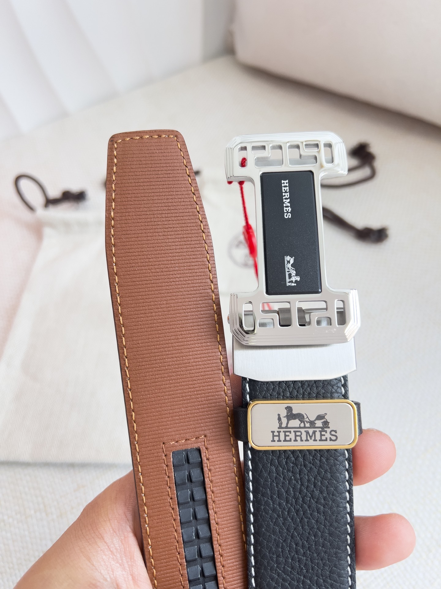 Hermes Men's Luxury Black Reversible Leather Belt with Silver Buckle