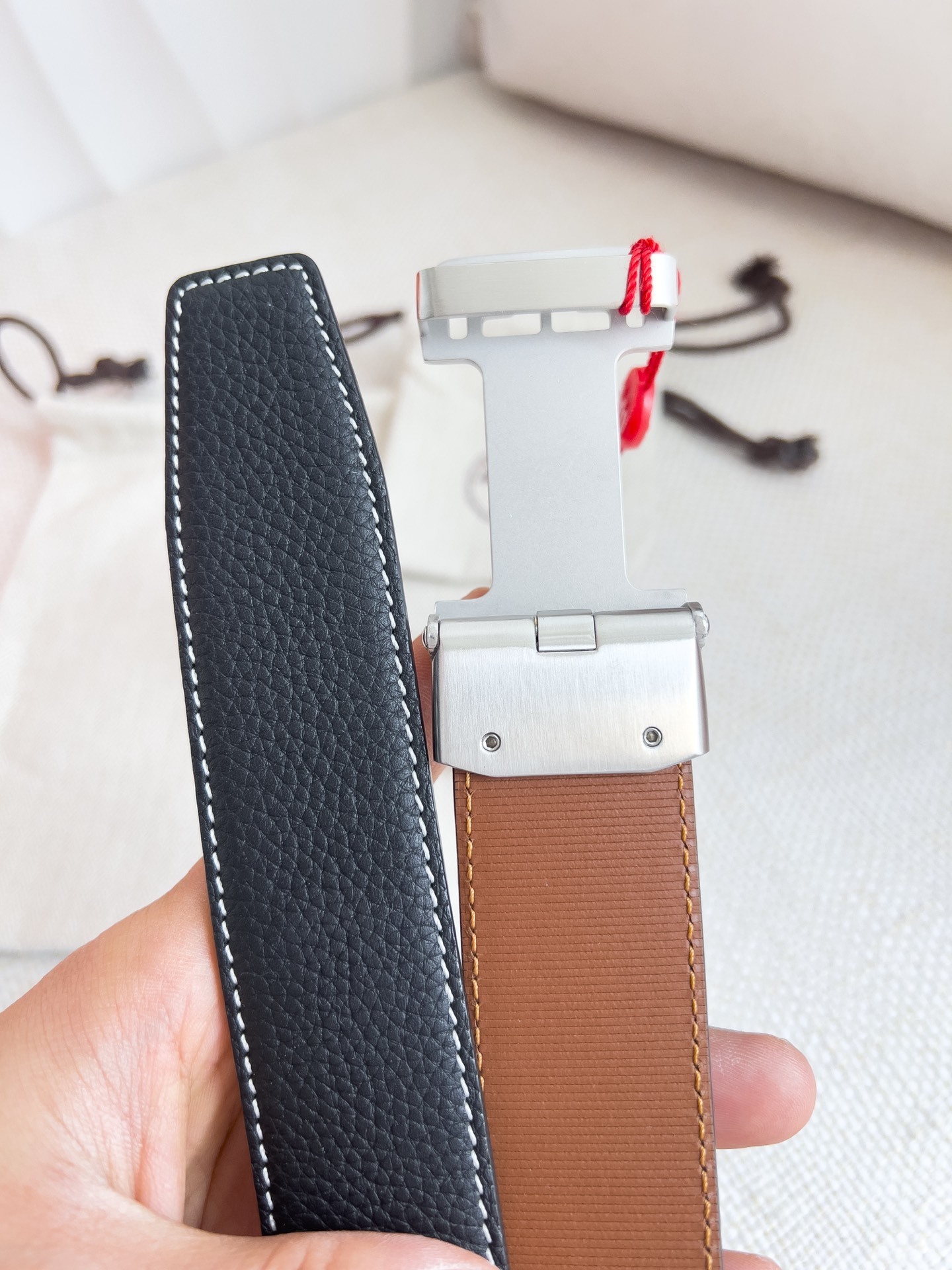 Hermes Men's Luxury Black Reversible Leather Belt with Silver Buckle