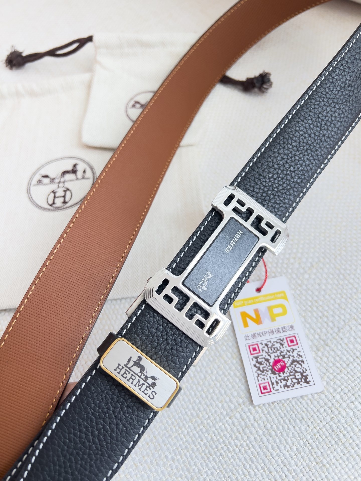 Hermes Men's Luxury Black Reversible Leather Belt with Silver Buckle