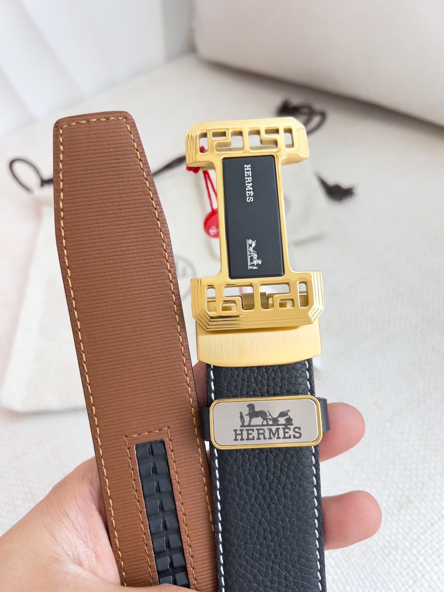 Hermès Men's Black Leather Belt with Ornate Gold-Tone H Buckle